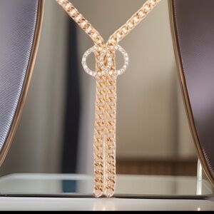 Gold Interlocked Double Clear Crystal Circles W/ Y Link Chain Choker Necklace